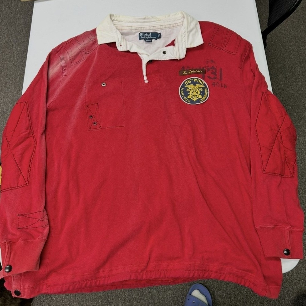 Polo Ralph Lauren Rugby Shirt Mens 3XB Red Long Sleeve Crest Patch Patchwork H1